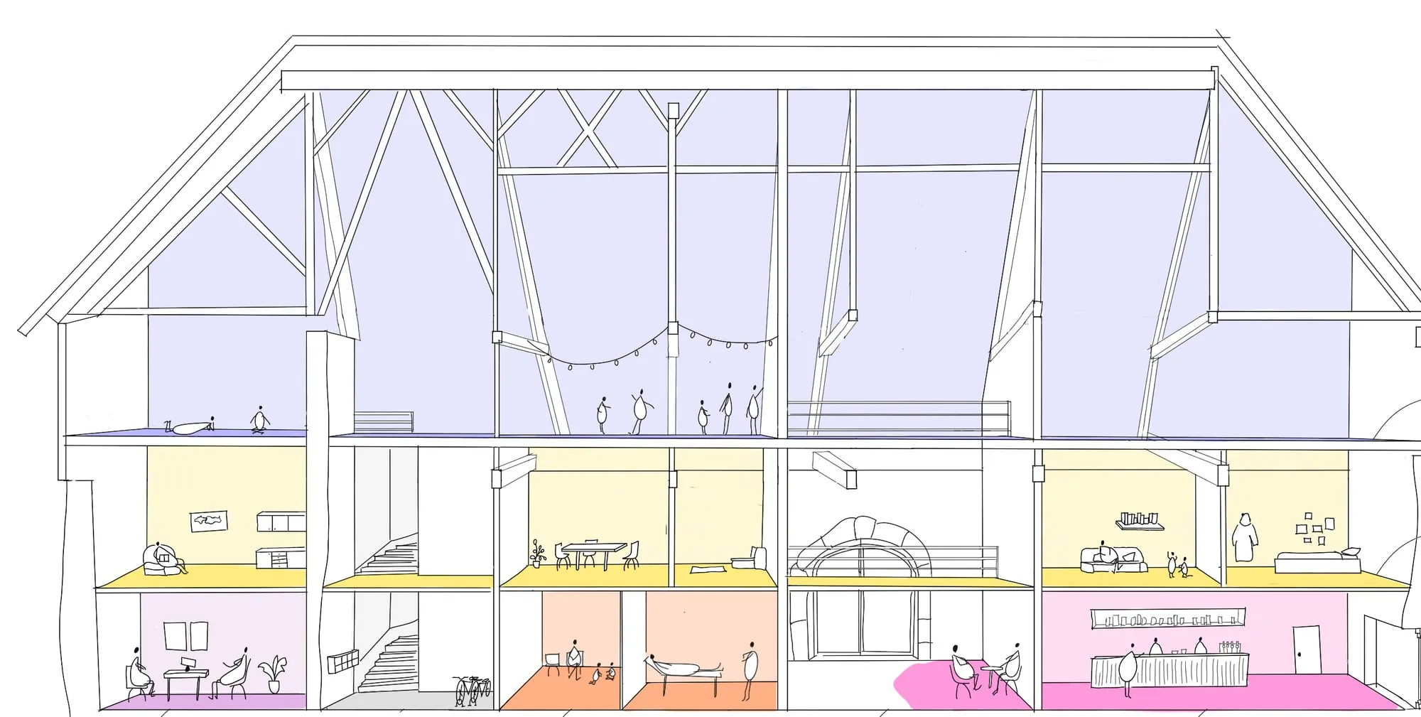 Coupe du bâtiment rénové sur toute sa longueur&nbsp;: au rez-de-chaussée des bureaux, un escalier, deux cabinets de soin, un passage voûté et un café avec son comptoir&nbsp;; à l'étage des pièces habitées&nbsp;; sous les combles un grand volume ouvert où des silhouettes se rassemblent
