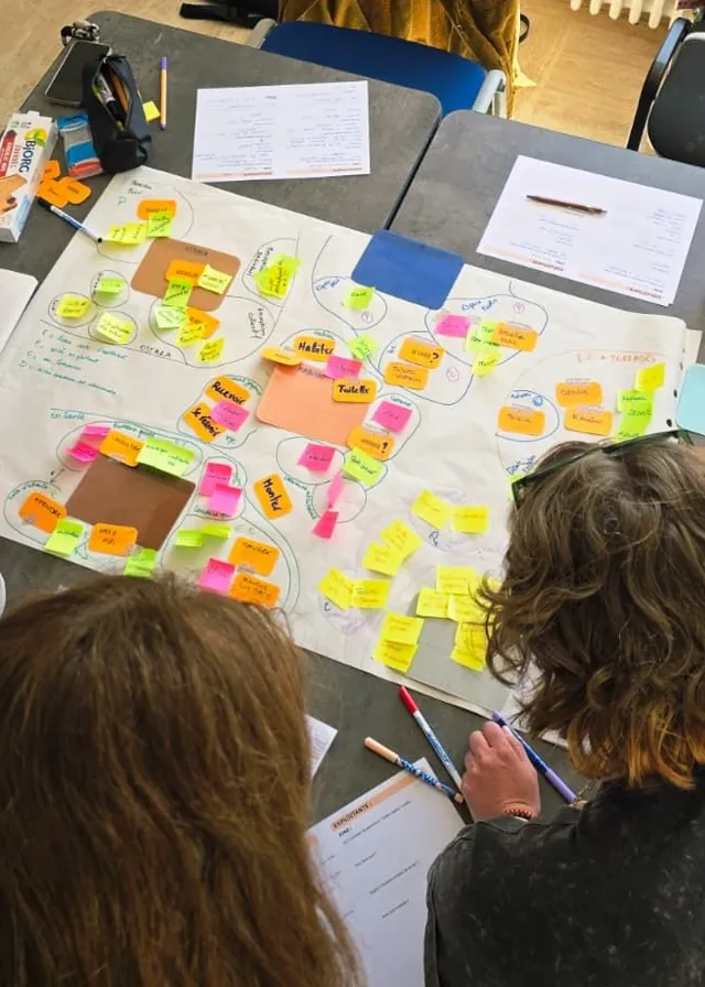 Un atelier du collectif vu de dessus&nbsp;: autour d'une table, deux personnes de dos posent des notes adhésives de couleur sur un grand plan des espaces du lieu