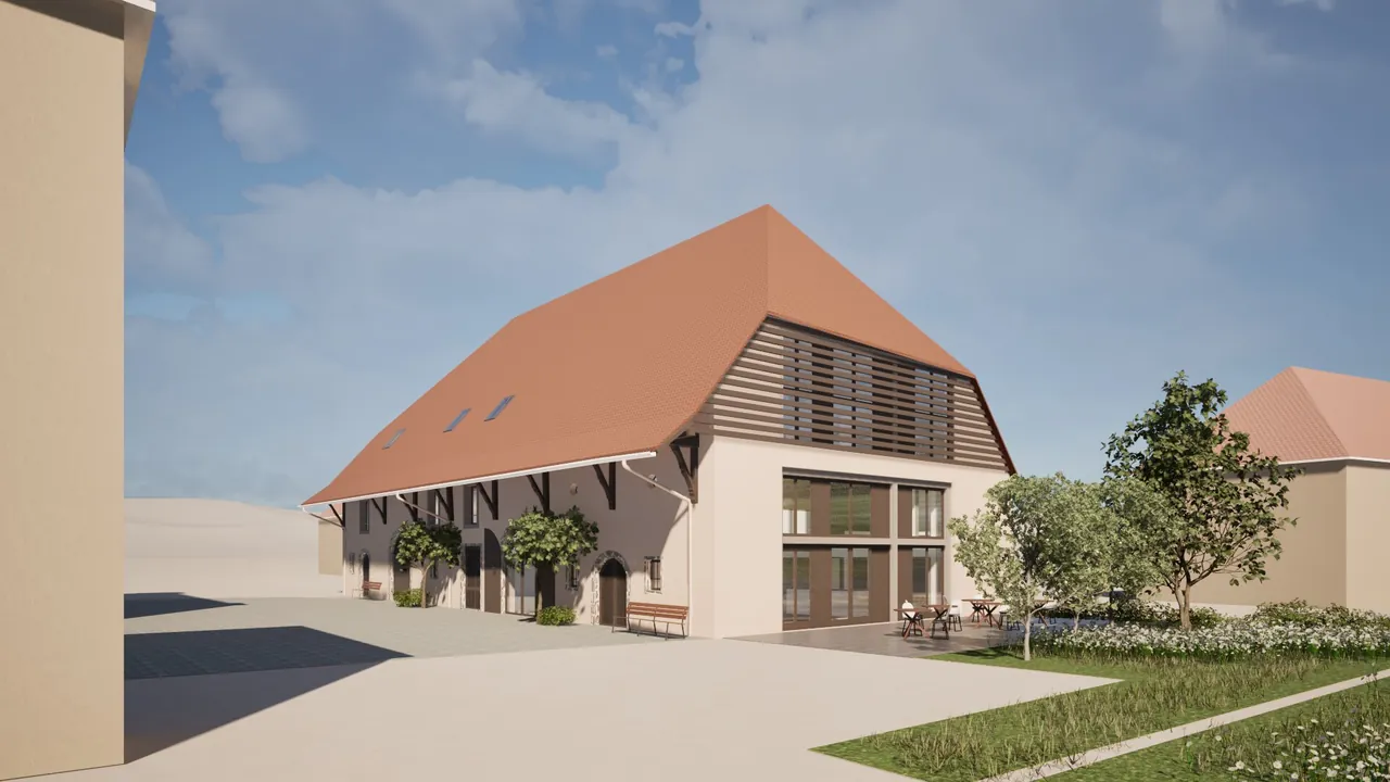 Vue du projet une fois rénové&nbsp;: le long toit de tuiles percé de fenêtres de toit, le pignon habillé de lames de bois au-dessus de grandes baies vitrées, une terrasse et une prairie fleurie