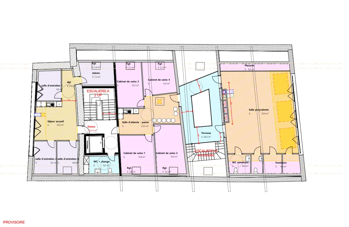 Plan du deuxième étage&nbsp;: des cabinets de soins autour d'une salle d'attente, un séjour d'accueil et des salles d'entretien, une terrasse et une salle polyvalente avec ses vestiaires.