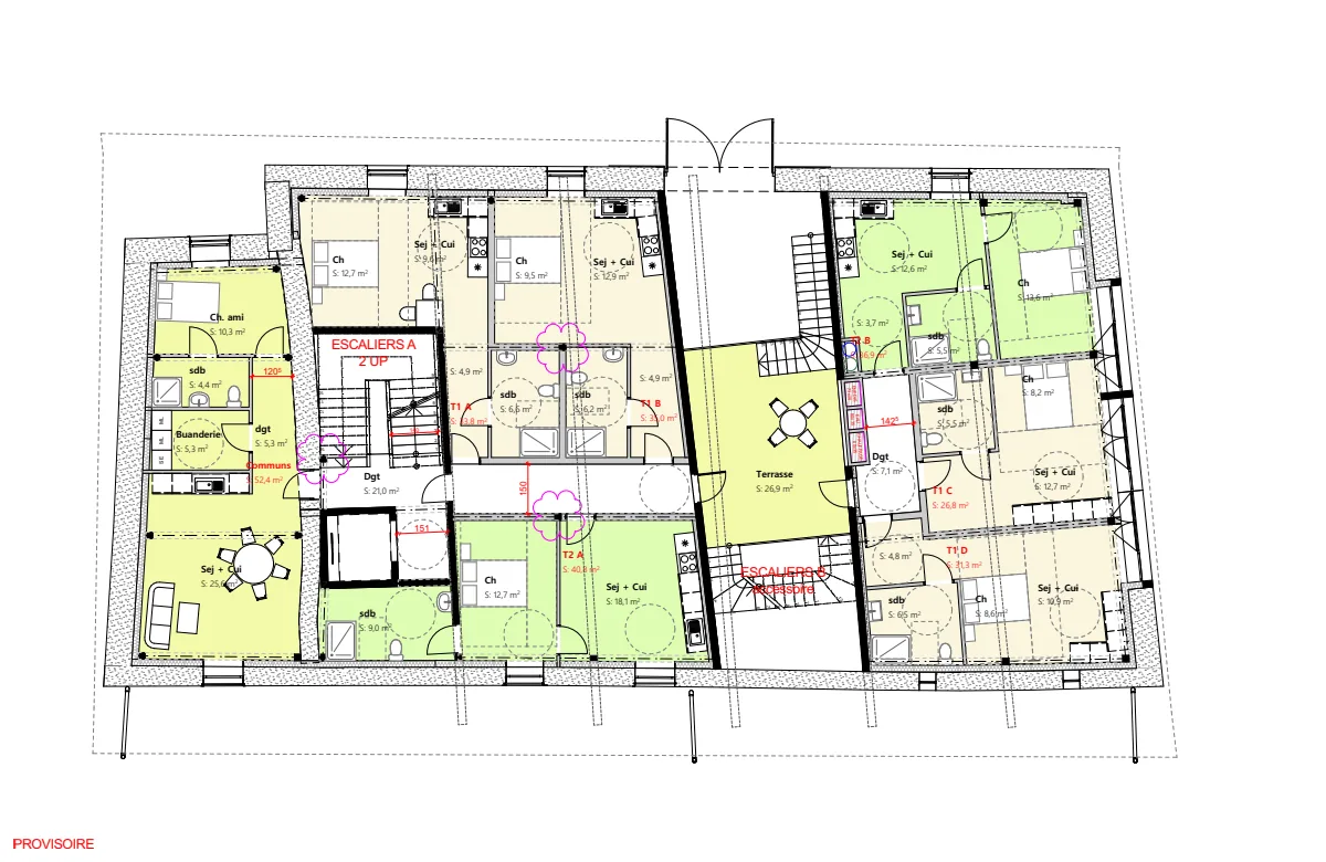 Plan du premier étage&nbsp;: des logements d'une ou deux pièces avec leur salle d'eau, une terrasse au-dessus de la rue intérieure et des communs (une chambre d'amis, une buanderie, un séjour avec cuisine).